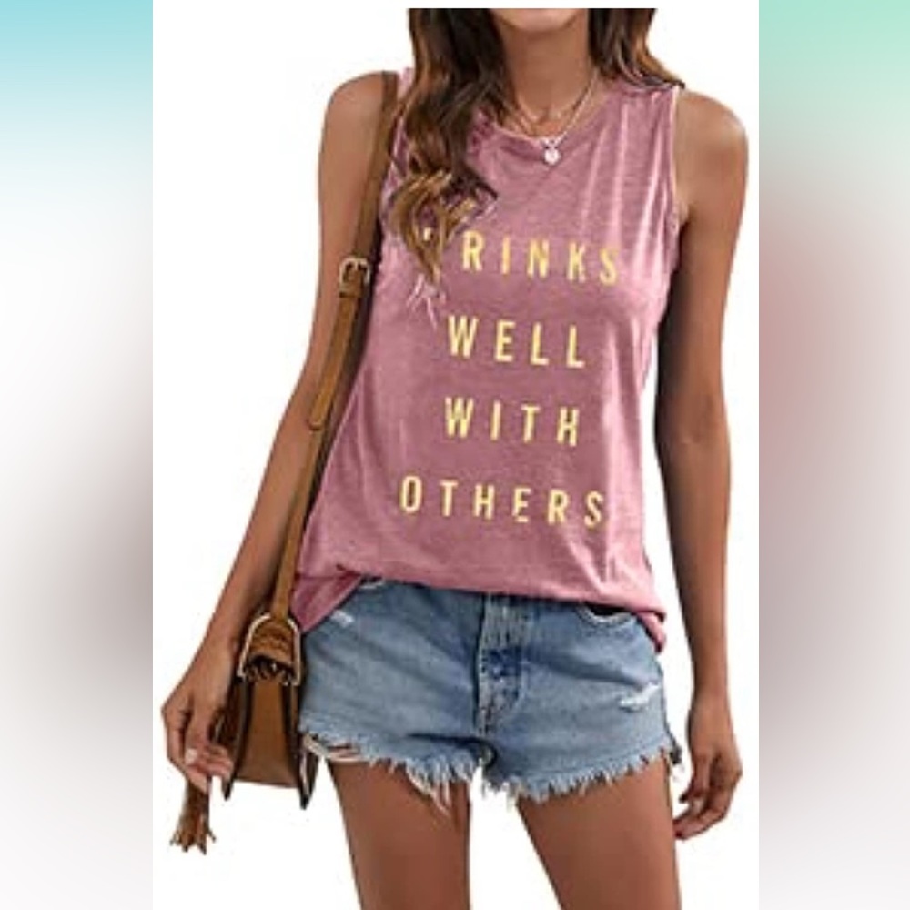 Womens Medium ‘Drinks Well With Other’ pink and gold relaxed muscle tee